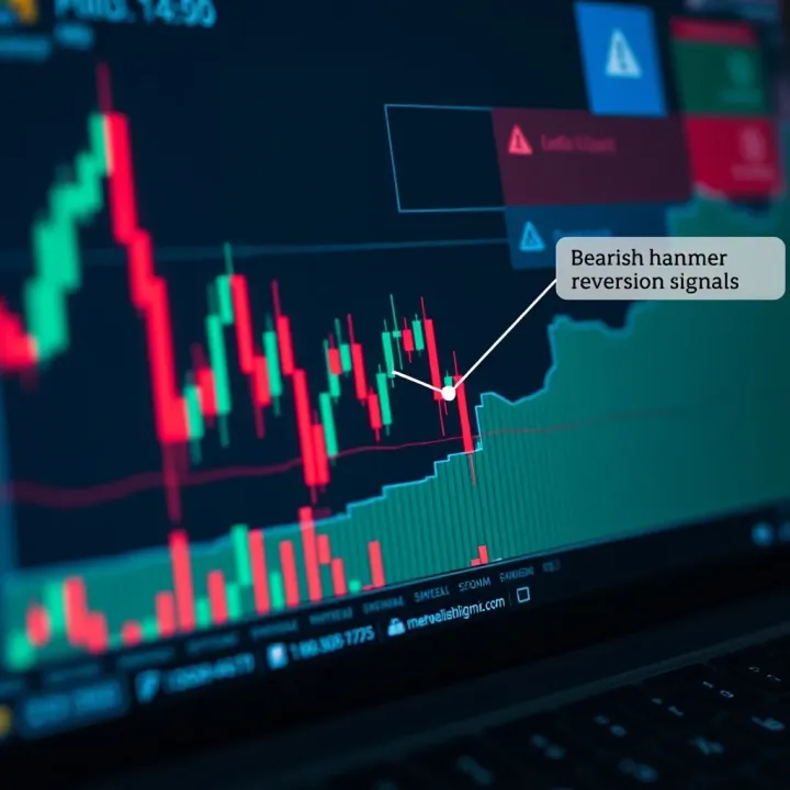 Stock market chart highlighting bearish hammer candlestick with annotations indicating potential reversal signals and confirmation tools