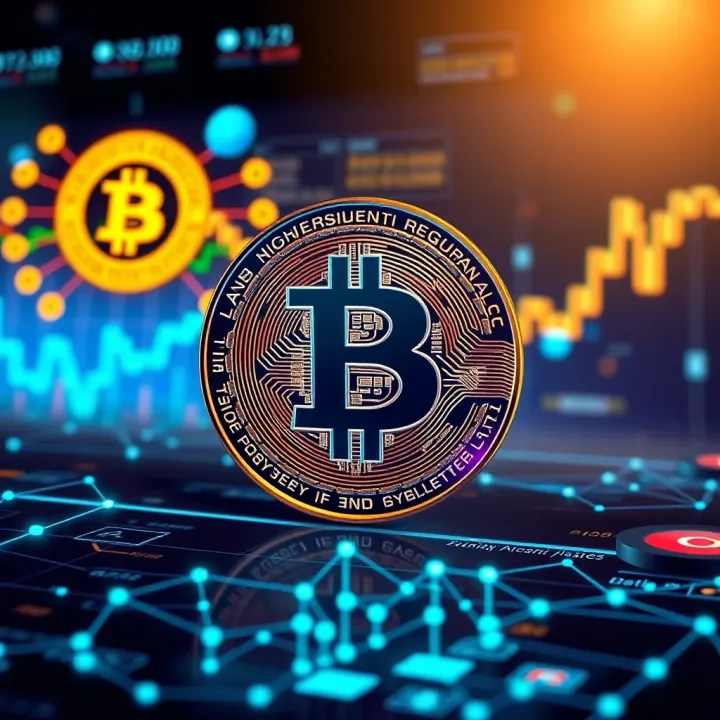 Conceptual illustration of Bitcoin symbol with digital networks and regulatory icons in the background