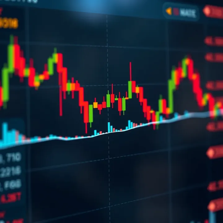 Graph showing Bitcoin price fluctuations with candlestick patterns and volume indicators