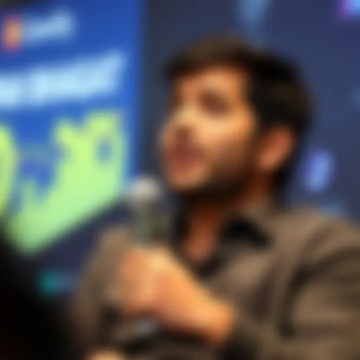 Chetan Bhagat speaking at a literary conference with a microphone