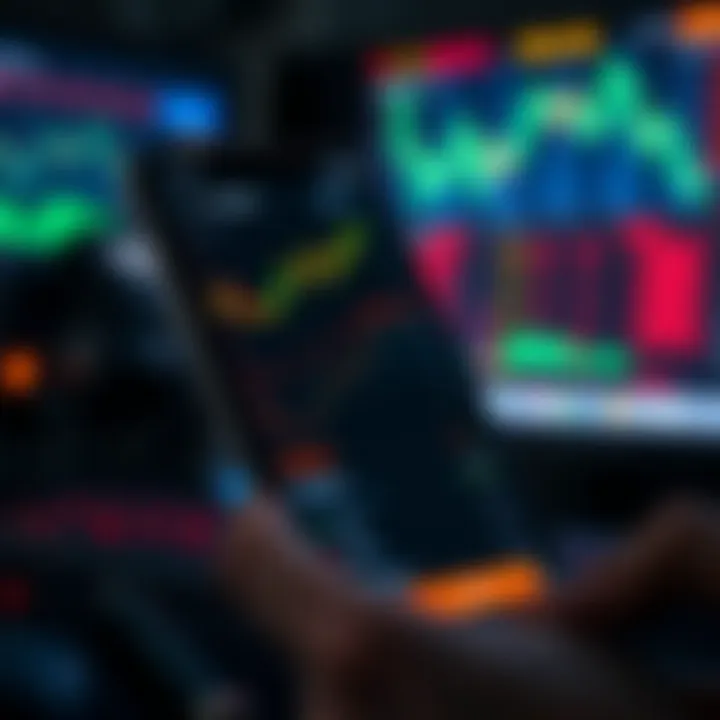 Mobile phone displaying user interface of a binary trading application with charts and options