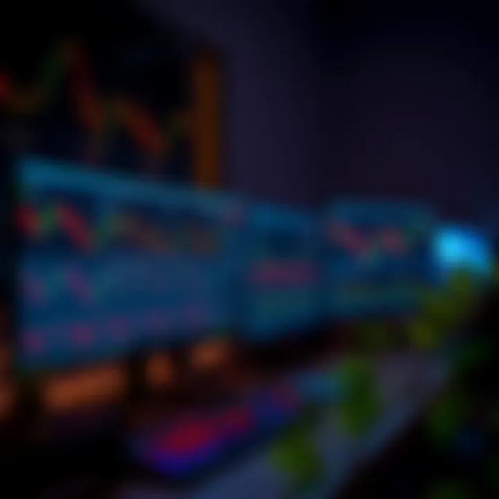 High-performance desktop computer setup with multiple monitors displaying trading charts and real-time market data