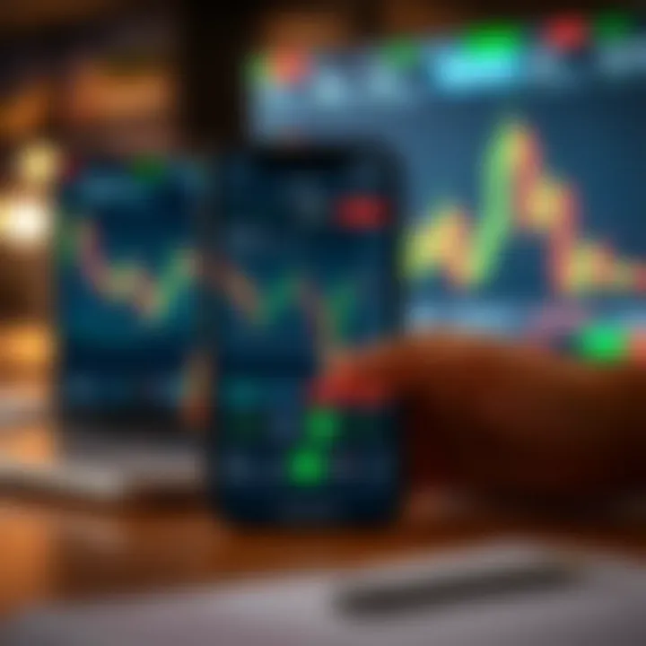 Forex Trading Application Interface with Real-Time Currency Charts Mobile device displaying forex trading app interface with charts and currency pairs