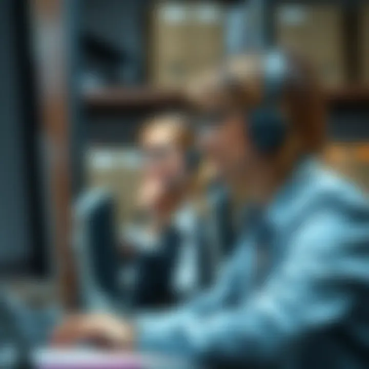 Customer service representative assisting a client through a call center setup