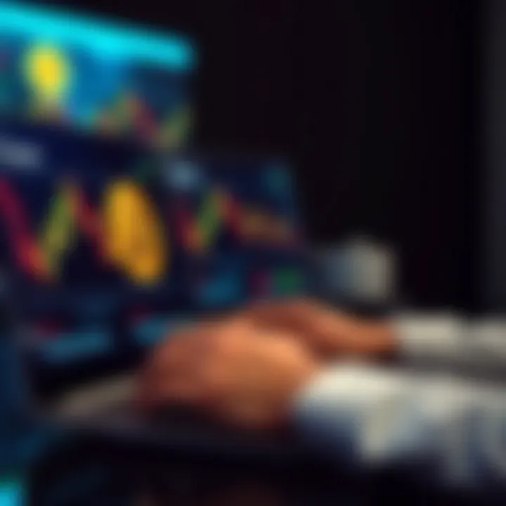Illustration of a person using a laptop with cryptocurrency platform interface and regulatory symbols