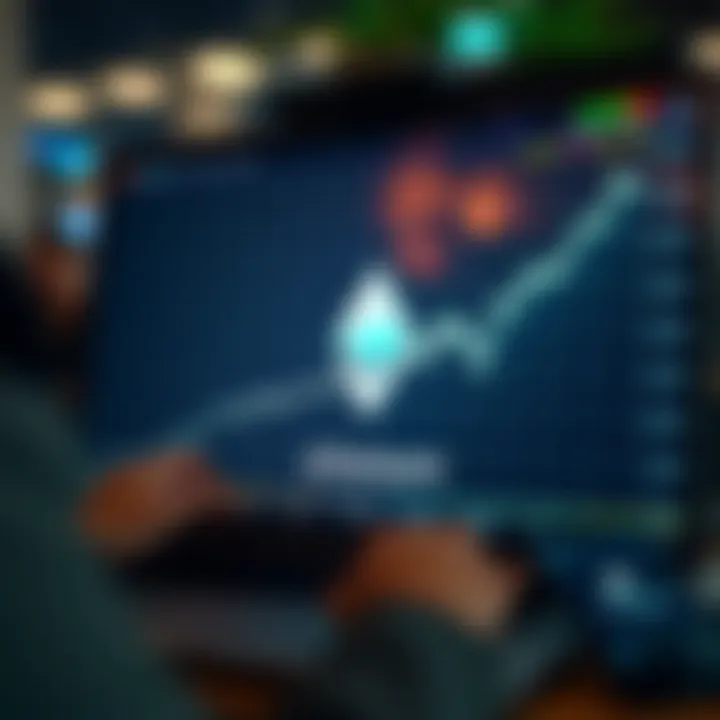 Graph showing upward trend in cryptocurrency value with Ethereum symbol on digital screen