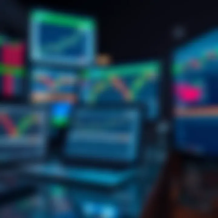 Collection of digital devices displaying forex market charts and analysis tools