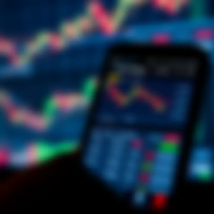 Mobile phone screen showing forex trading demo app interface with currency charts and trading options