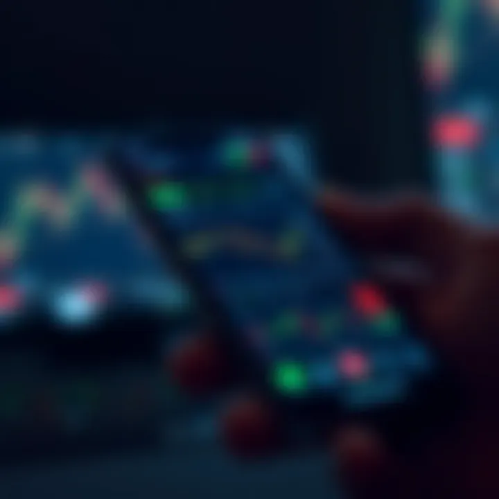 Mobile phone displaying a trading app interface with stock charts and market data