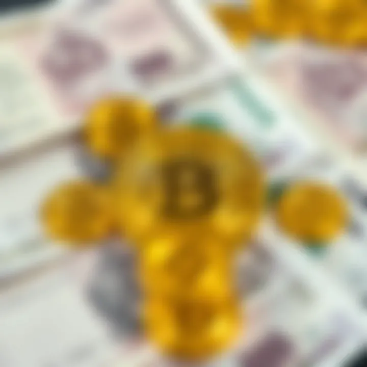 Illustration of Indian Rupee currency notes surrounded by Bitcoin symbols representing tax implications