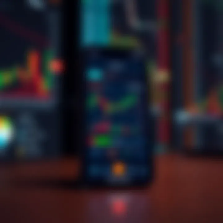 Mobile phone displaying a user interface of a trading application with charts and stock market data