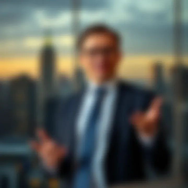 Executive Delivering Insightful Presentation with Urban View Executive in formal attire delivering a presentation with a city skyline backdrop