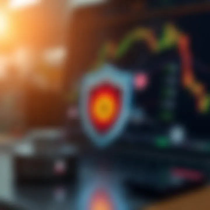 Graphic showing secure trading environment with shield and digital currency icons