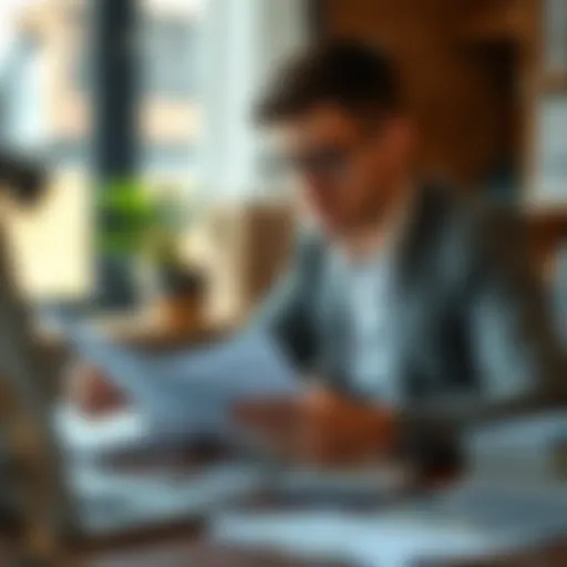 Customer reading financial documents and analyzing loan options at a desk