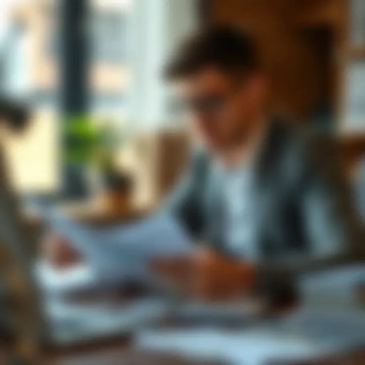 Customer reading financial documents and analyzing loan options at a desk