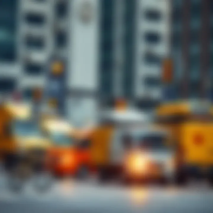Diverse Delivery Vehicles Operating in Urban Areas Illustration showing various delivery vehicles including trucks, vans, and bicycles in an urban setting