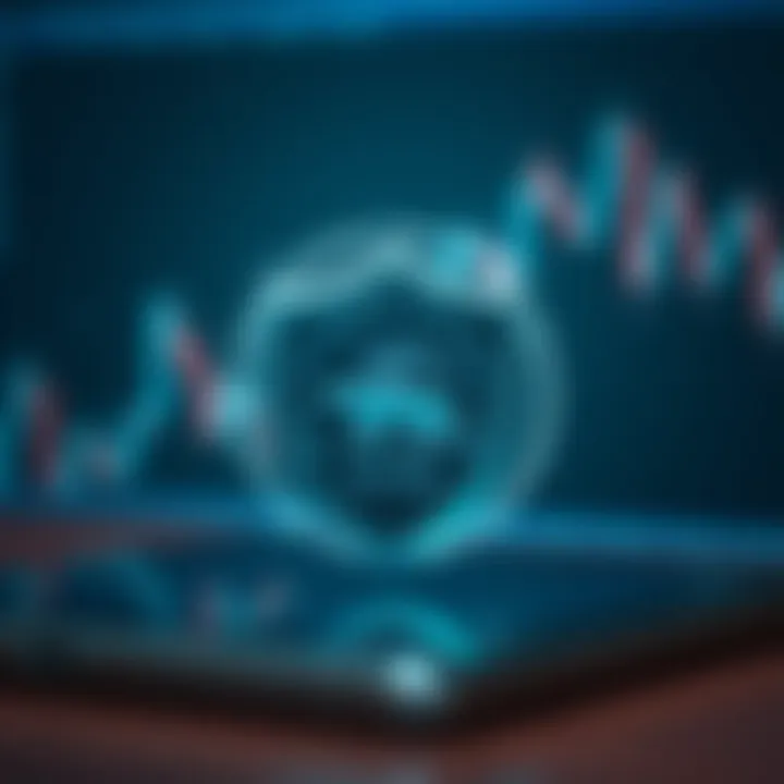 Illustration of a shield protecting currency symbols with a digital device in background