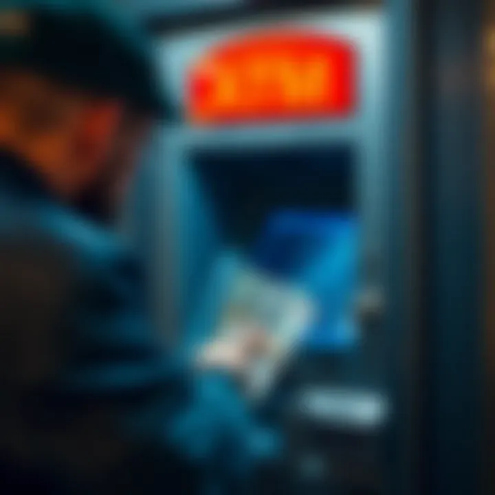 Person using an ATM machine to withdraw cash from a bank account