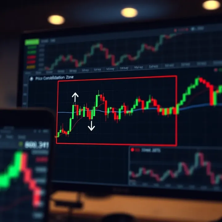 Illustration of a stock price chart showing consolidation within a defined rectangular box indicating sideways movement