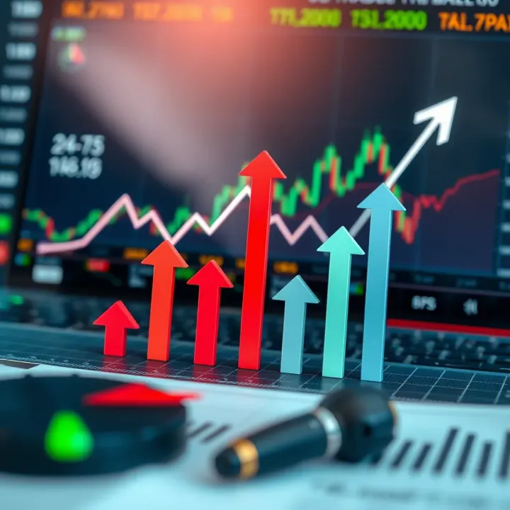Conceptual illustration of trading strategies with charts, risk analysis icons, and upward arrows