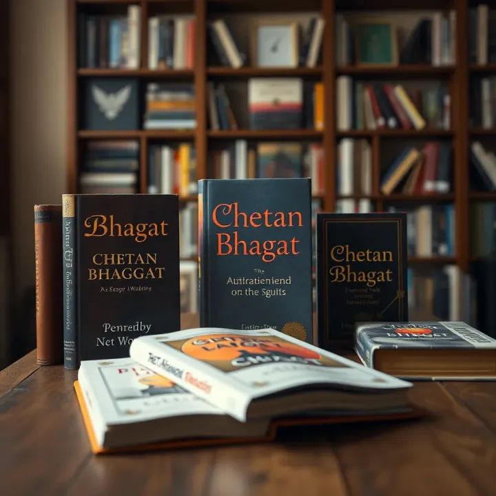 Books authored by Chetan Bhagat displayed on a wooden table