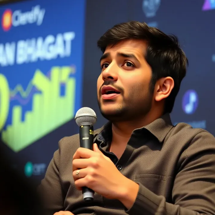 Chetan Bhagat speaking at a literary conference with a microphone