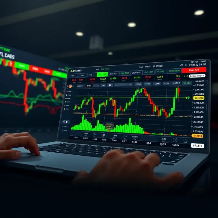 Digital interface showing binary options trading platform with various financial charts and asset options