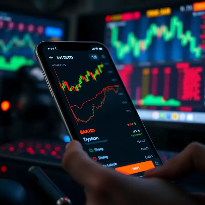 Mobile phone displaying user interface of a binary trading application with charts and options