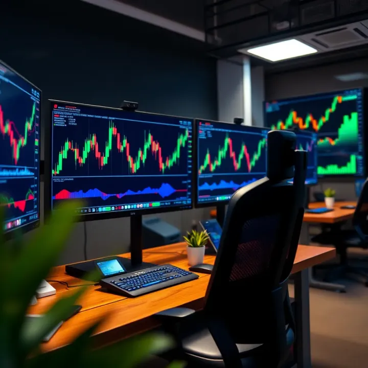 High-performance desktop computer setup with multiple monitors displaying stock market data charts