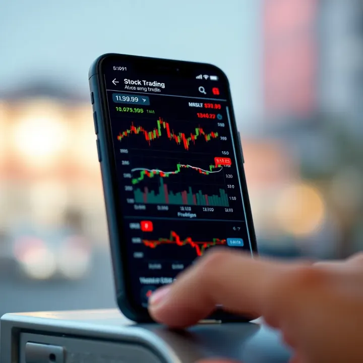 Close-up of a smartphone screen showing a stock trading app interface with charts and market data