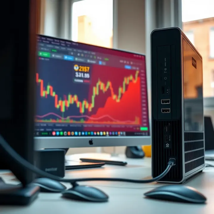Compact desktop computer with visible connectivity ports and trading software interface on screen