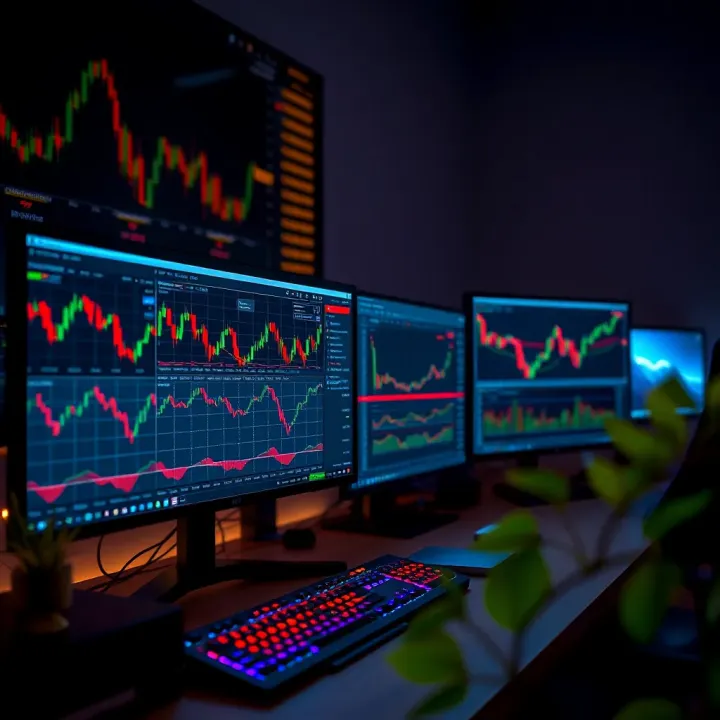 High-performance desktop computer setup with multiple monitors displaying trading charts and real-time market data