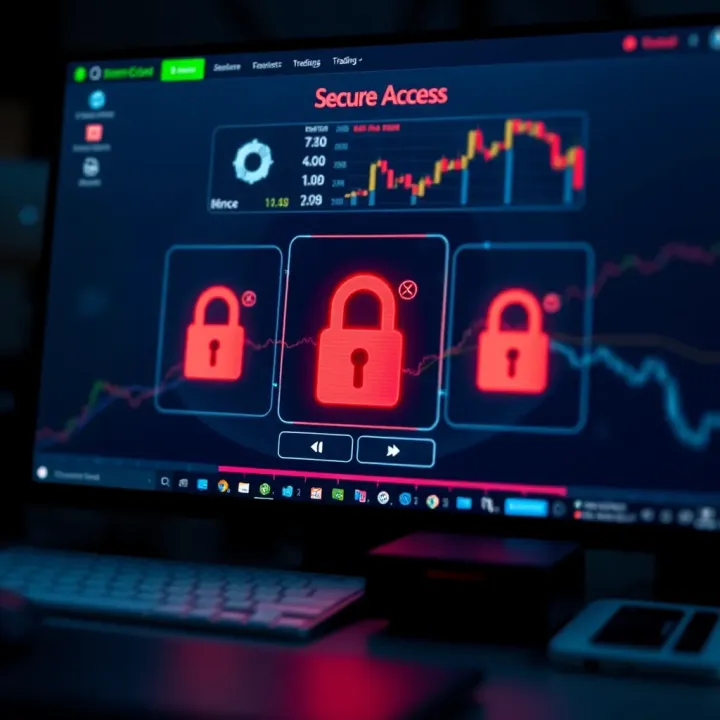 Secure login interface with encryption symbols representing safety measures in a PC trading platform