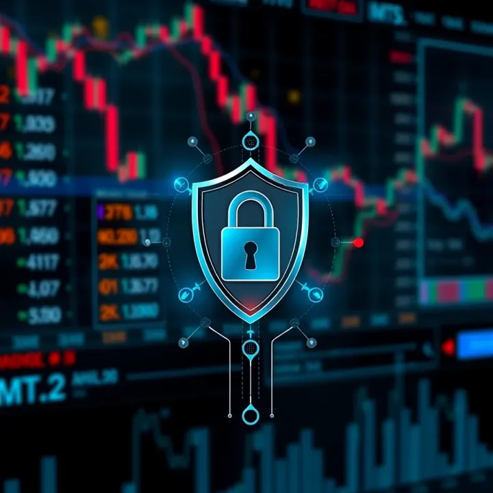 Illustration of digital security elements with shield and lock symbolizing secure online trading