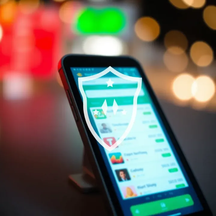 Security shield symbol overlaid on a smartphone displaying a trading app with Indian currency symbols