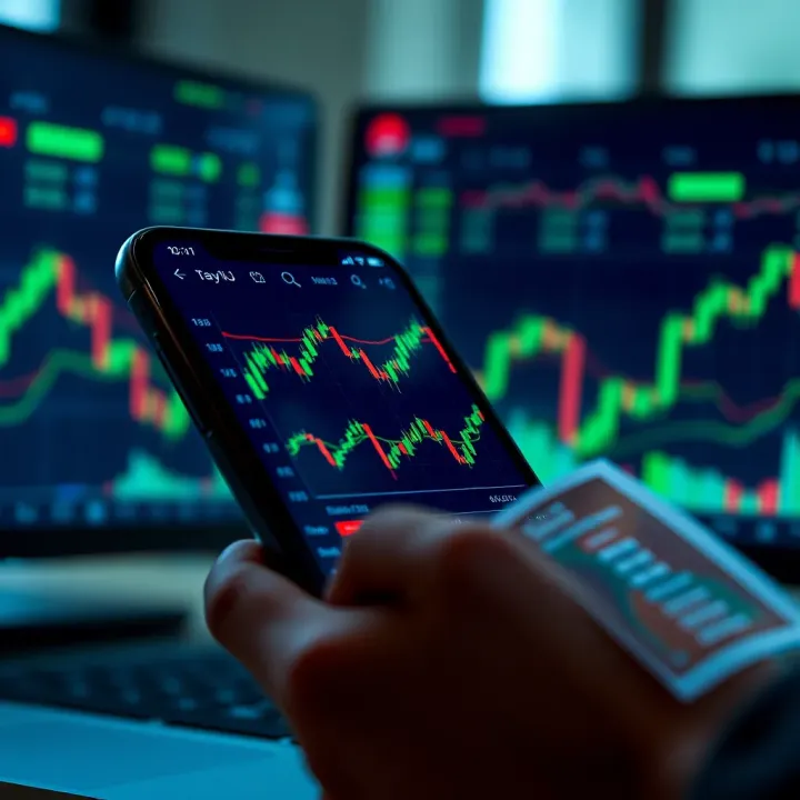 Mobile device displaying forex trading app interface with currency charts and trading options