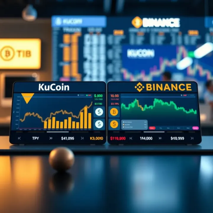 Visual comparison of KuCoin and Binance cryptocurrency exchanges showing key features and supported coins
