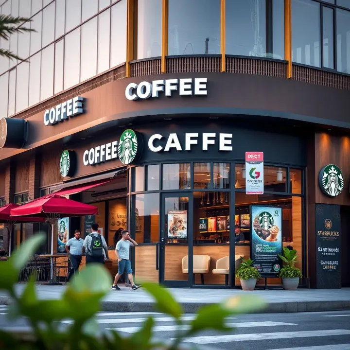 Exterior view of a popular global coffee chain cafe showcasing modern architecture and branding