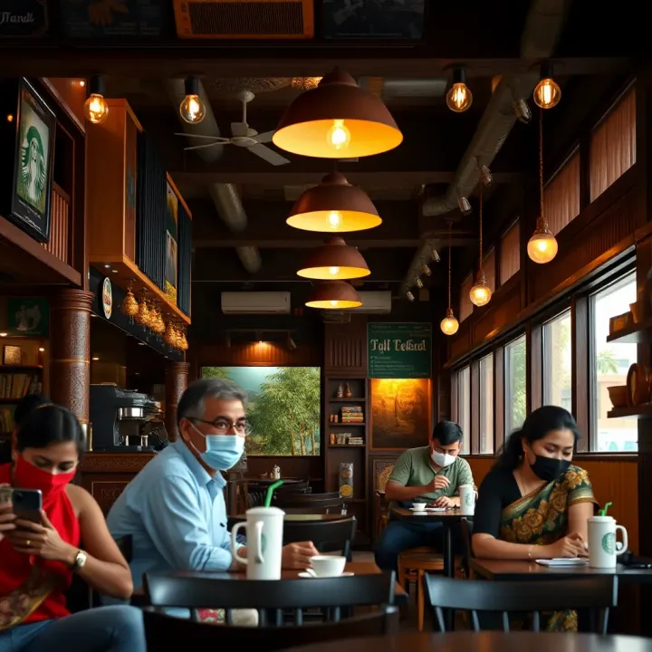 Interior of a vibrant Indian coffee shop featuring traditional decor and customers enjoying beverages
