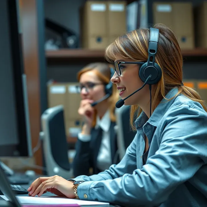Customer service representative assisting a client through a call center setup