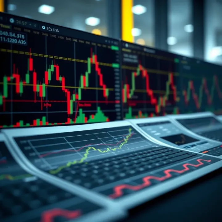 Collection of chart patterns with annotations showing breakout points and trend directions in forex and commodity markets