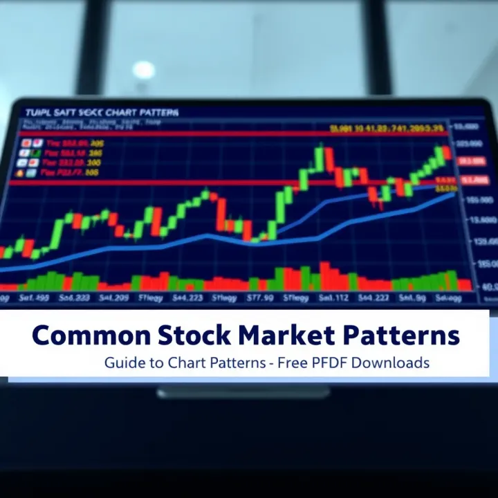Illustration of various stock market chart patterns including head and shoulders, double top, and triangles with price movement lines