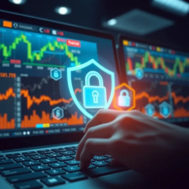 Conceptual illustration of secure online trading with digital locks and financial symbols