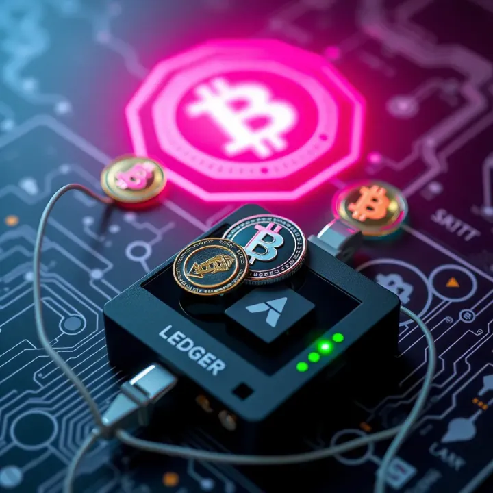 Illustration of cryptocurrency icons connected to a Ledger device symbolizing secure storage of digital assets