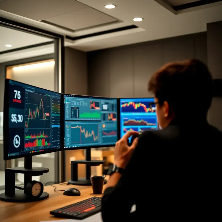 Arrangement of four screens in an ergonomic setup showing various stock market information