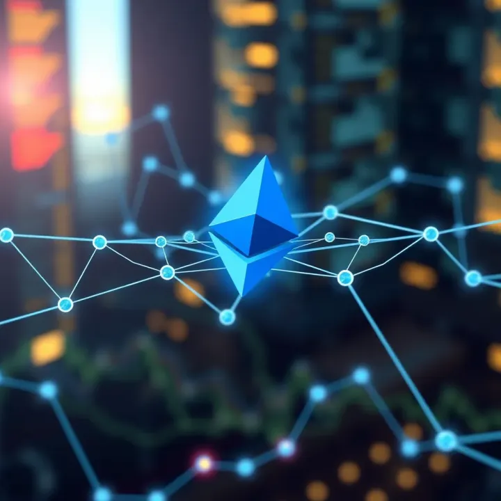 Illustration of Ethereum blockchain network nodes connected with digital data flow