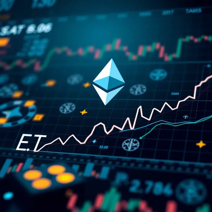 Graph showing upward and downward trends in Ethereum price over time with technological icons