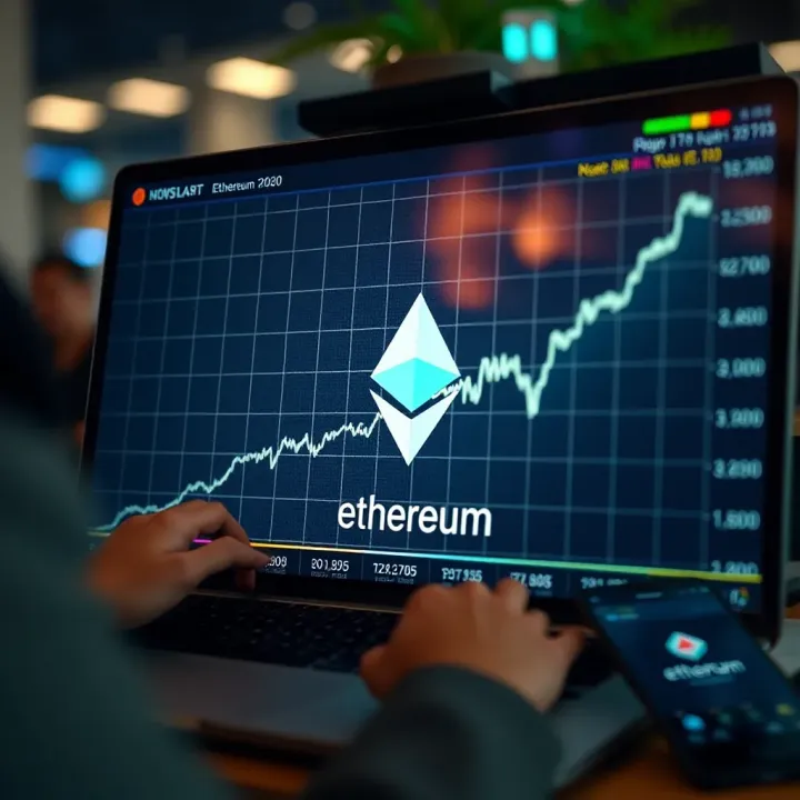 Graph showing upward trend in cryptocurrency value with Ethereum symbol on digital screen