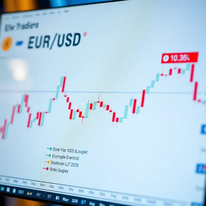 Graph showing recent fluctuations in the EUR/USD currency pair with marked economic events