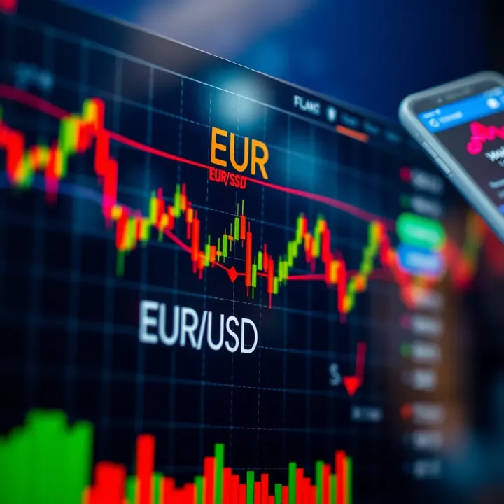 Line graph showing EUR/USD price fluctuations with key technical indicators highlighted
